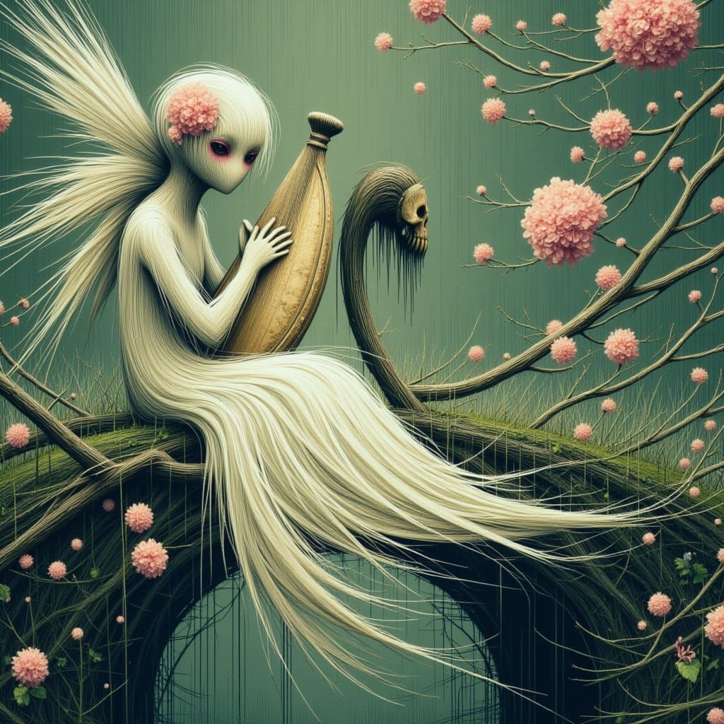 <lora:WhiteLines:1.0> 1970 film grain photography,glitchy chromatics.Surreal Full-length punky-styled angel-styled cute fairy sit on a bridg...