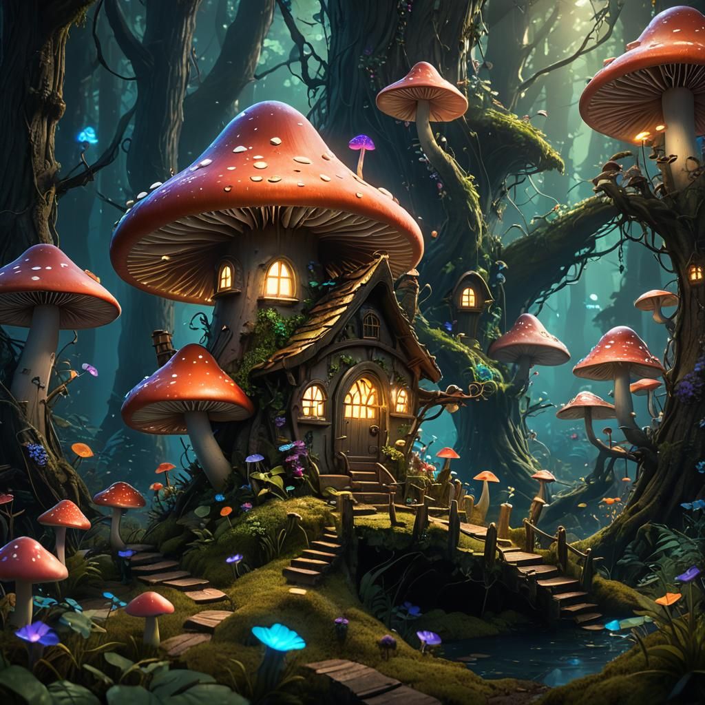 A fairy mushroom house in an enchanted bioluminescent forest...