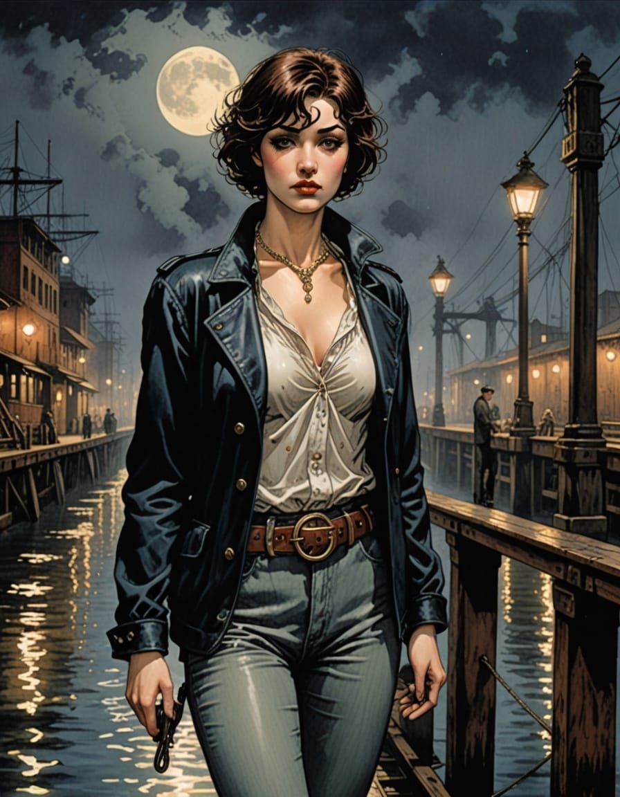 Sultry Femme Fatale in Foggy Cityscape