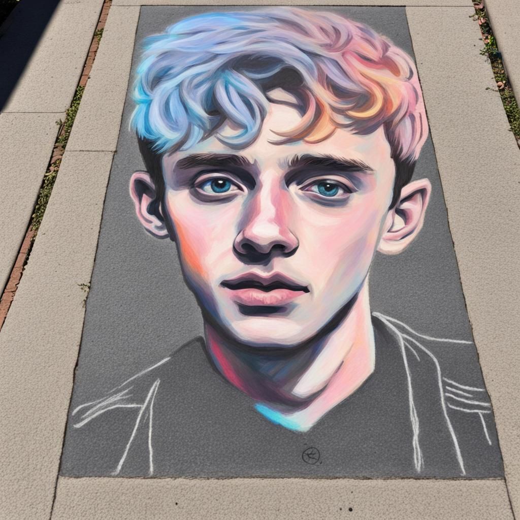 sidewalk art, chalk art, colored chalk image of Troye Sivan on a ...