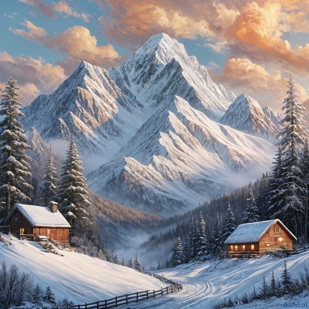 A large, half-snowy mountain, above the clouds, very detailed, an entire village is below it like in the movies, it would be perfect. Detail...