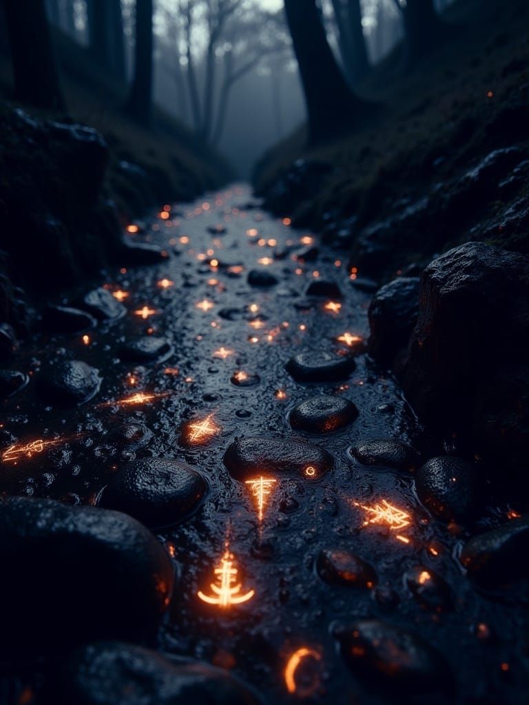 Glowing runes dark on river pebbles, water paddles, reflective catchlights, detailed <lora:Glowing runes flux:1.0> 