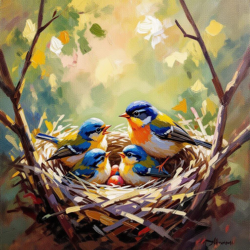 Songbird Feeding Fledglings in Impressionistic Oil Painting