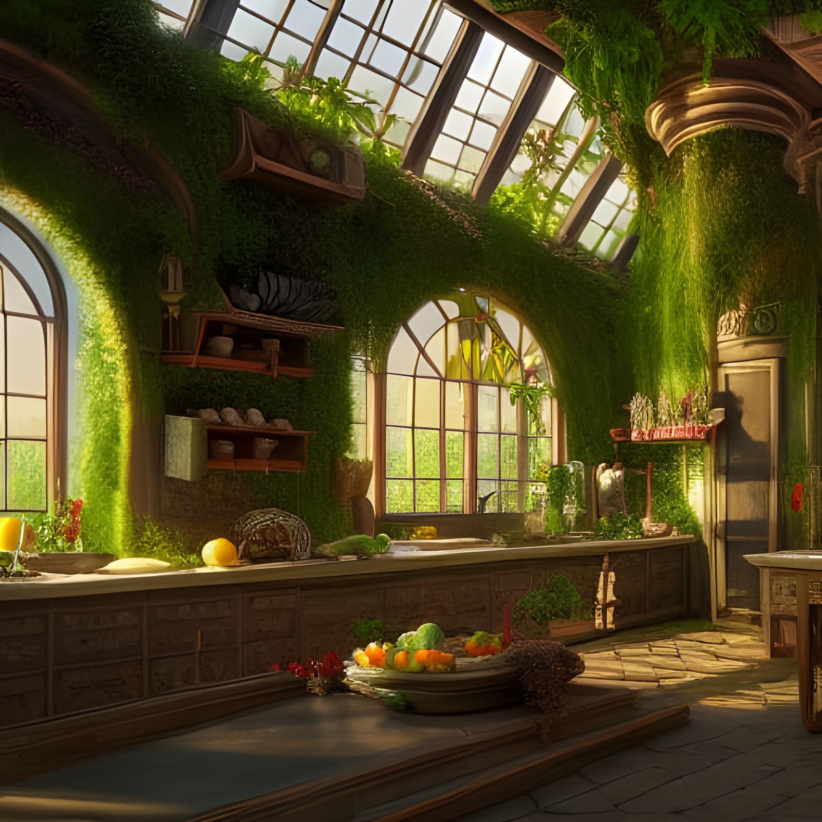 kitchen in an overgrown conservatory undefined