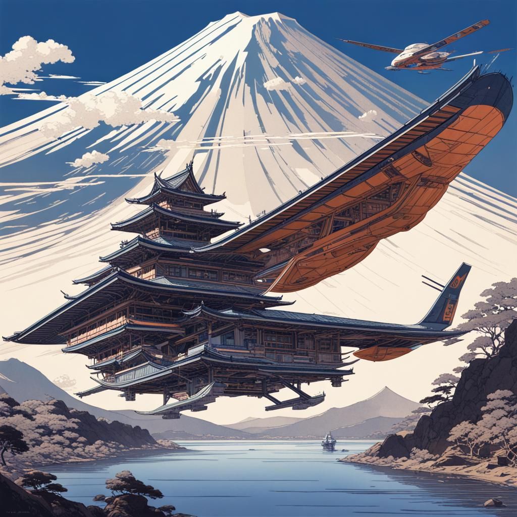 16k resolution, art by Katsushika Hokusai, Syd Mead. Flying machines of ...