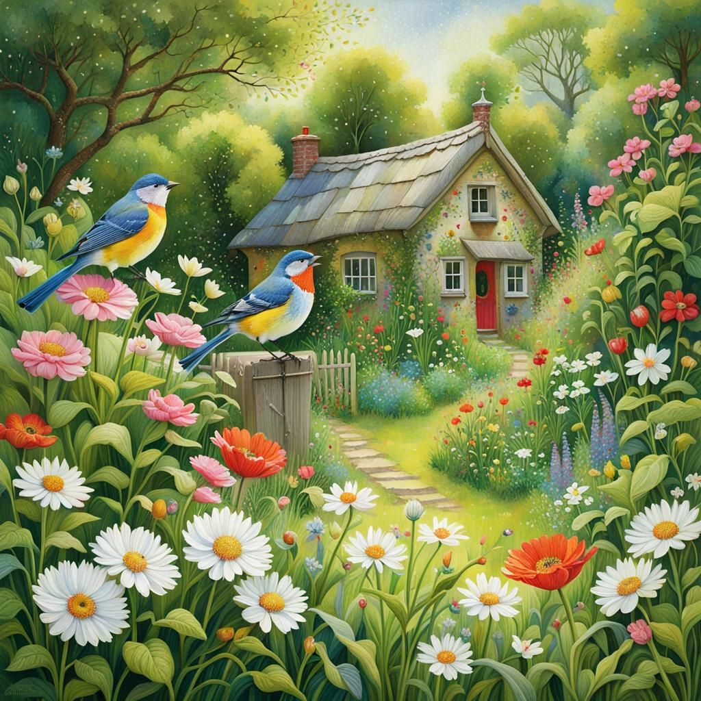 bird singing in a lush blooming cottage garden, by Lucy Gros...