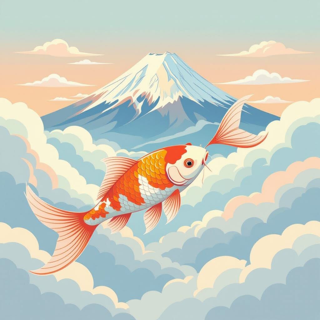 Cute koi fish diving happily through soft, fluffy clouds with Mount Fuji in the background. Fairy-tale atmosphere with bright, saturated pas...
