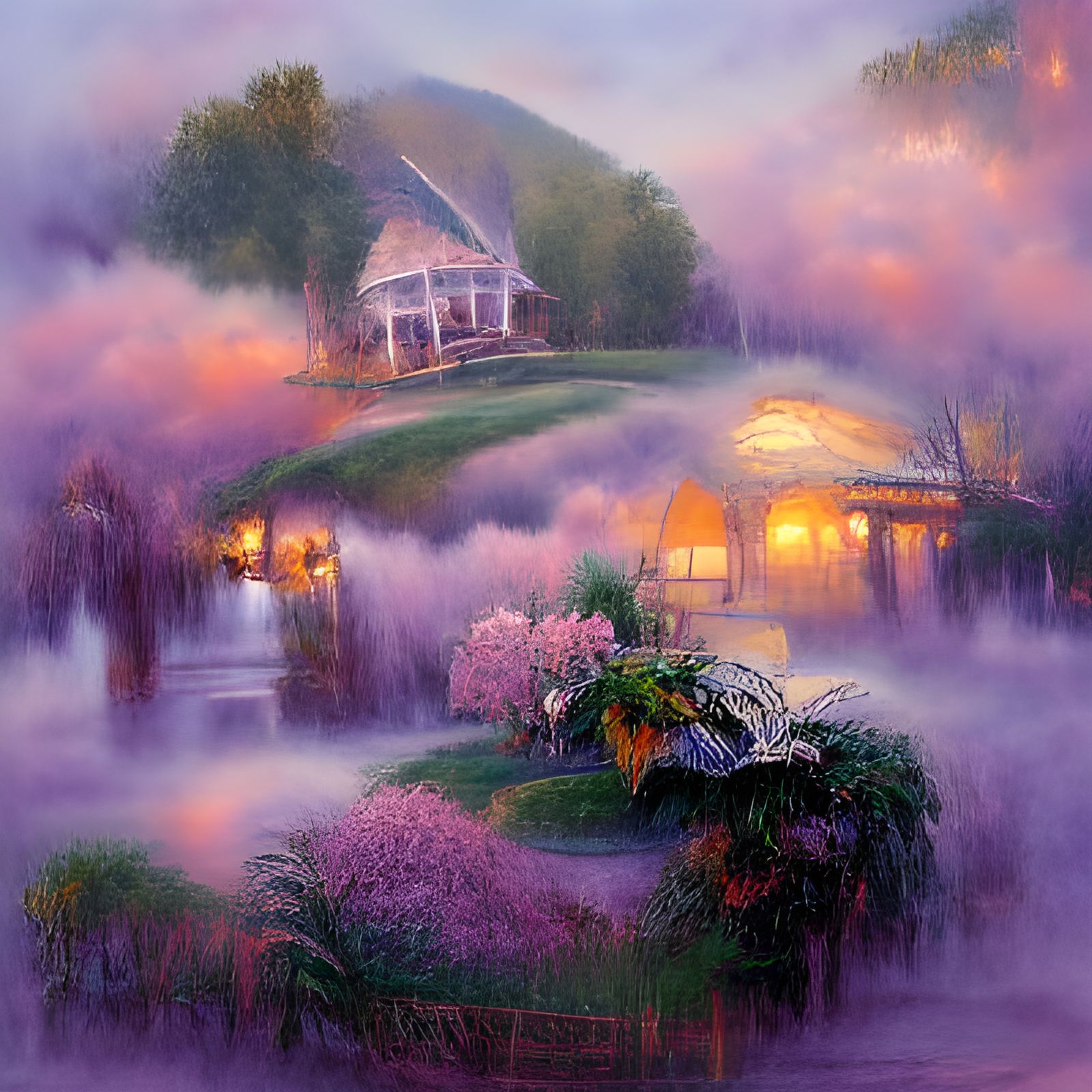 Cozy glowing Cottage, Gazebo, wisteria AI Generated Artwork
