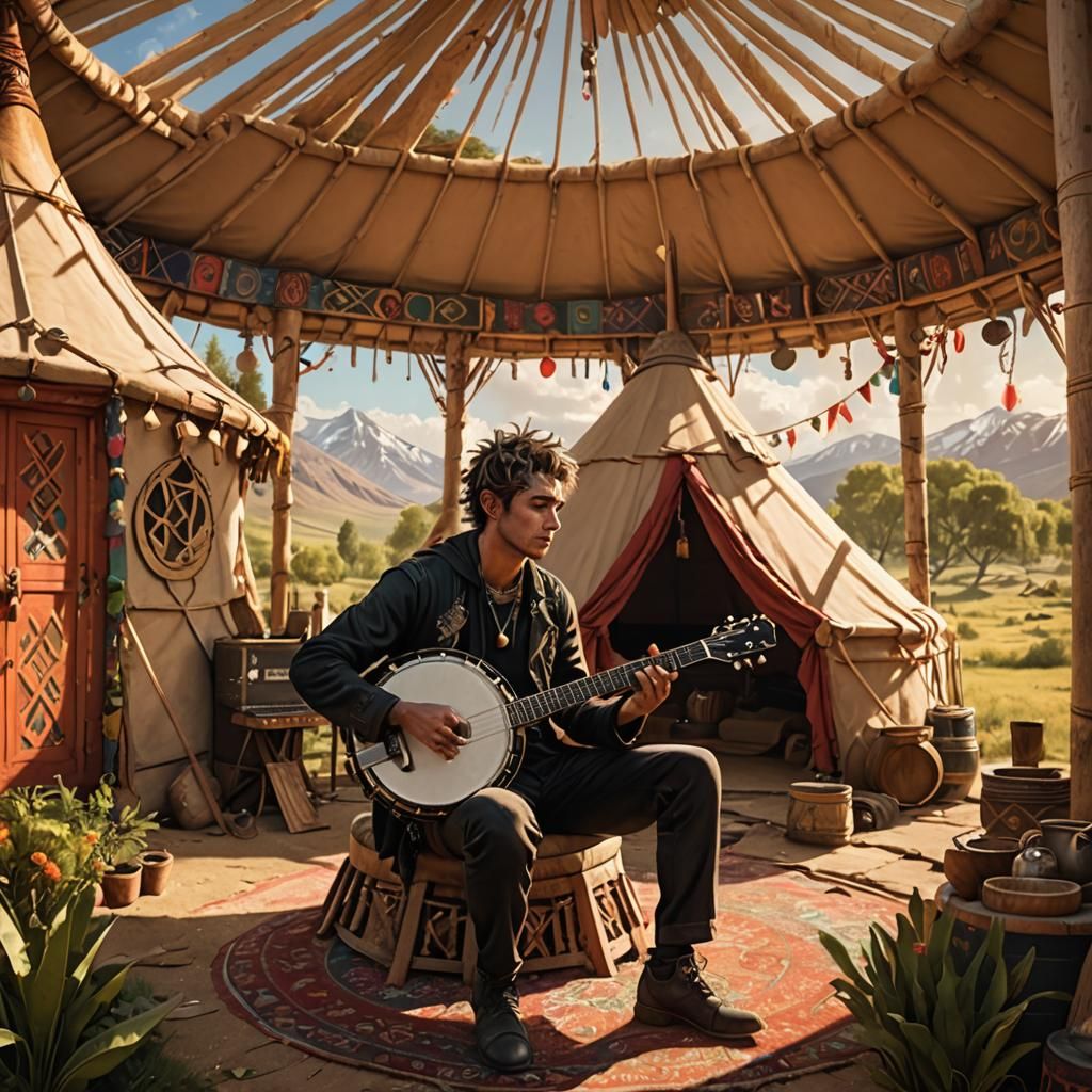 a young man playing banjo. yurt in the background AI Generated