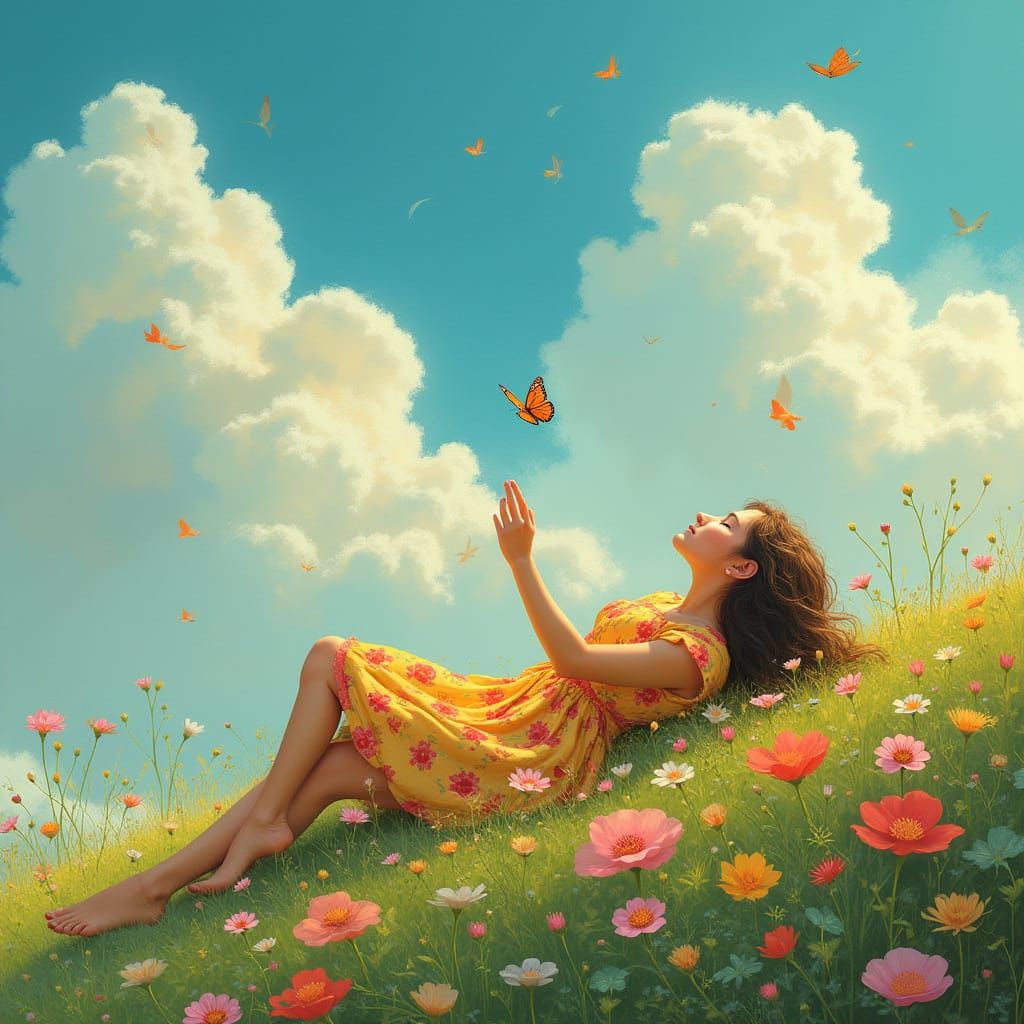 Woman with Butterfly in Art Nouveau Style