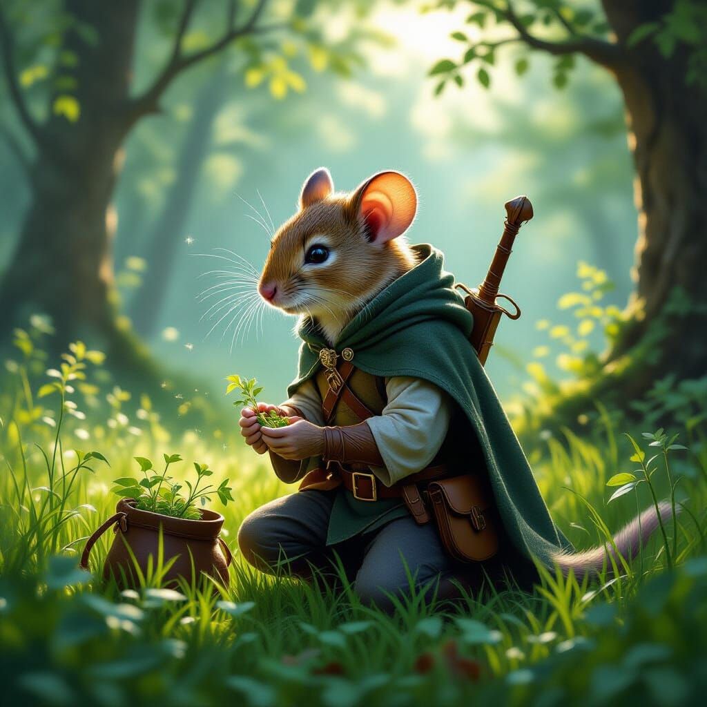 Finn, an anthropomorphic forest mouse wanderer and ranger, carefully gathers healing herbs in a serene forest glade. He kneels among dewy gr...