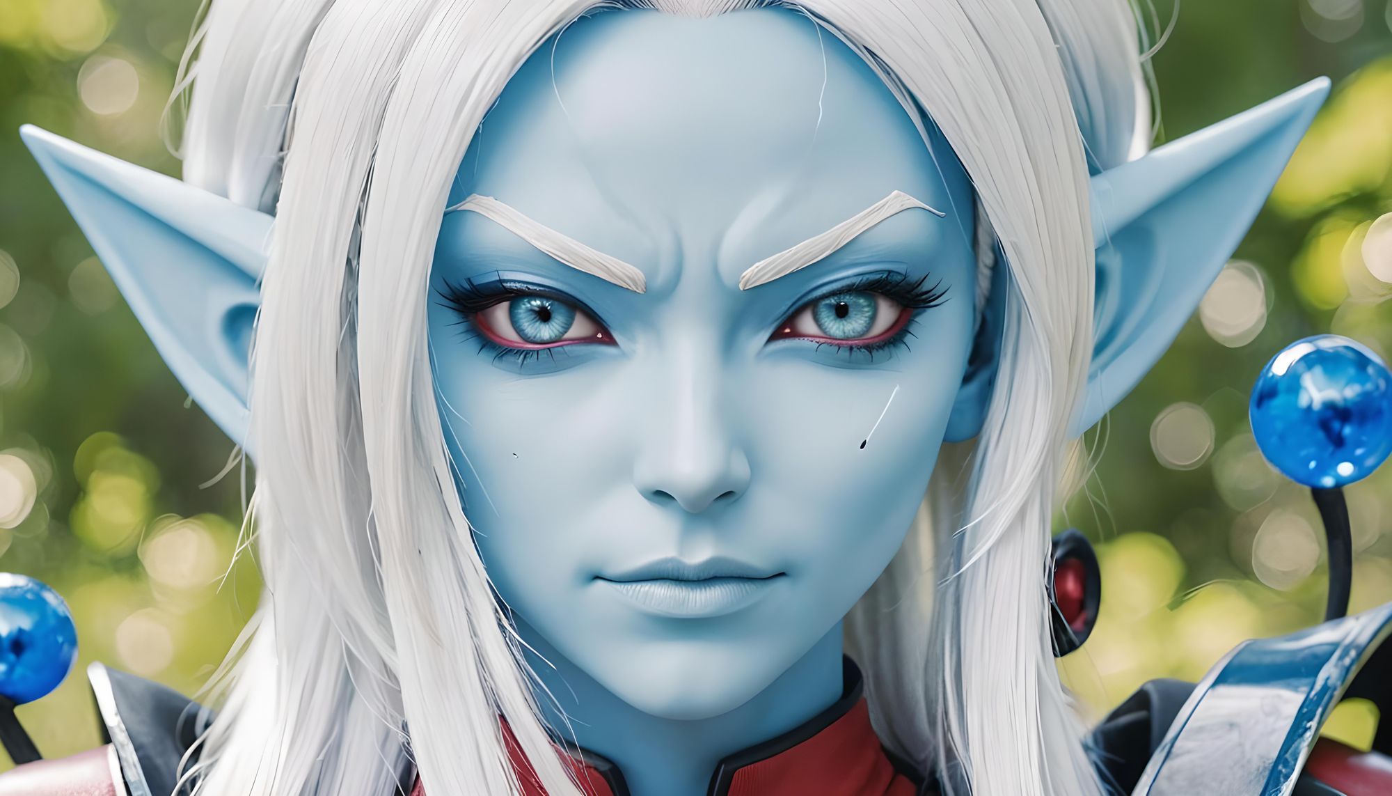 Live action cinematic film composite photograph. Long distance body shot, front view. Frail, long white-haired demoness lich blue skin elven...