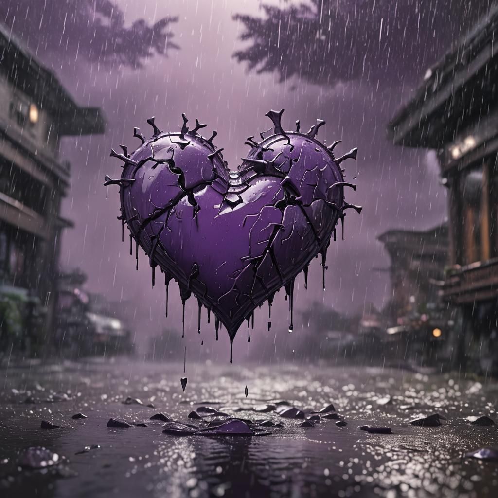 a purple broken heart  floating in the rain