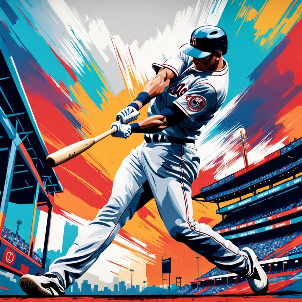 Baseball player takes a massive swing. View from below. Baseball stadium in background.  by @CatGuy79