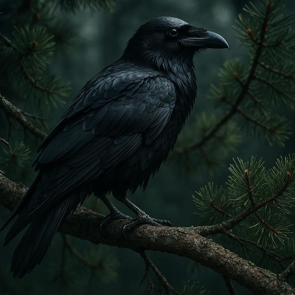Raven on the branch of a pine tree