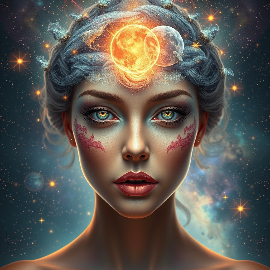 Beautiful Woman with Fantastical World, Holographic Illustra...