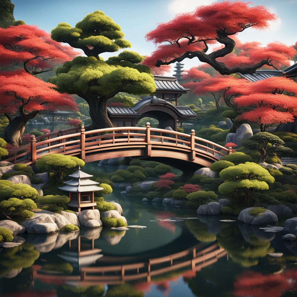 Japanese garden with bonsai tree, and a bridge over a pond AI