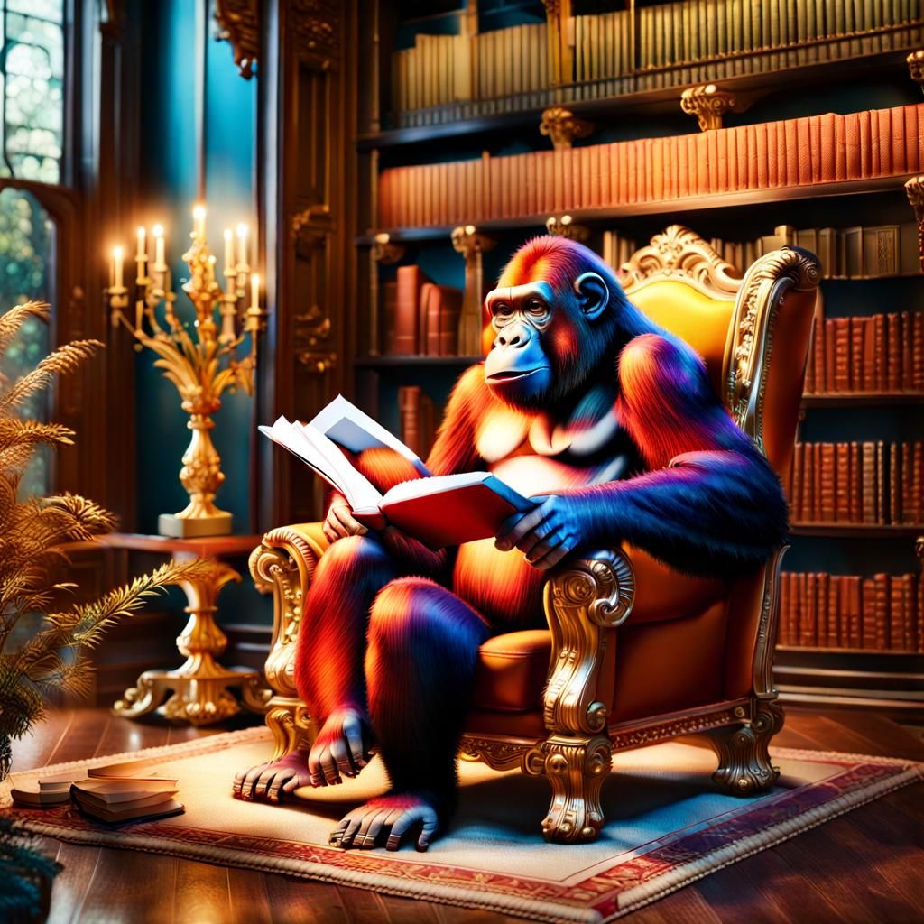 ape happily reading a book in a comfy library chair