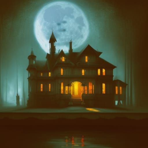 Ghost in a Haunted house under the full moon;

triadic color...