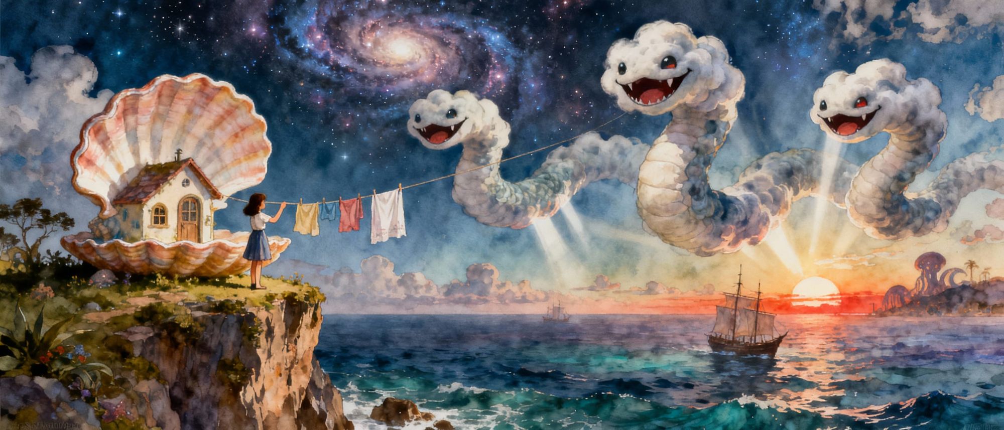  sureal art of a girl putting out luabdry ona clothes line outside a sea shell shaped house, on a cliffs edge, the sea below, watching as th...