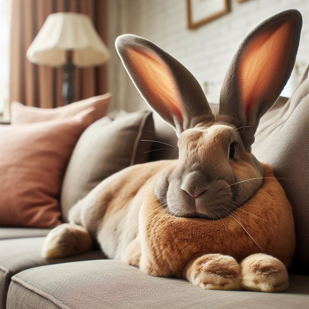 Flemish Giant on sofa