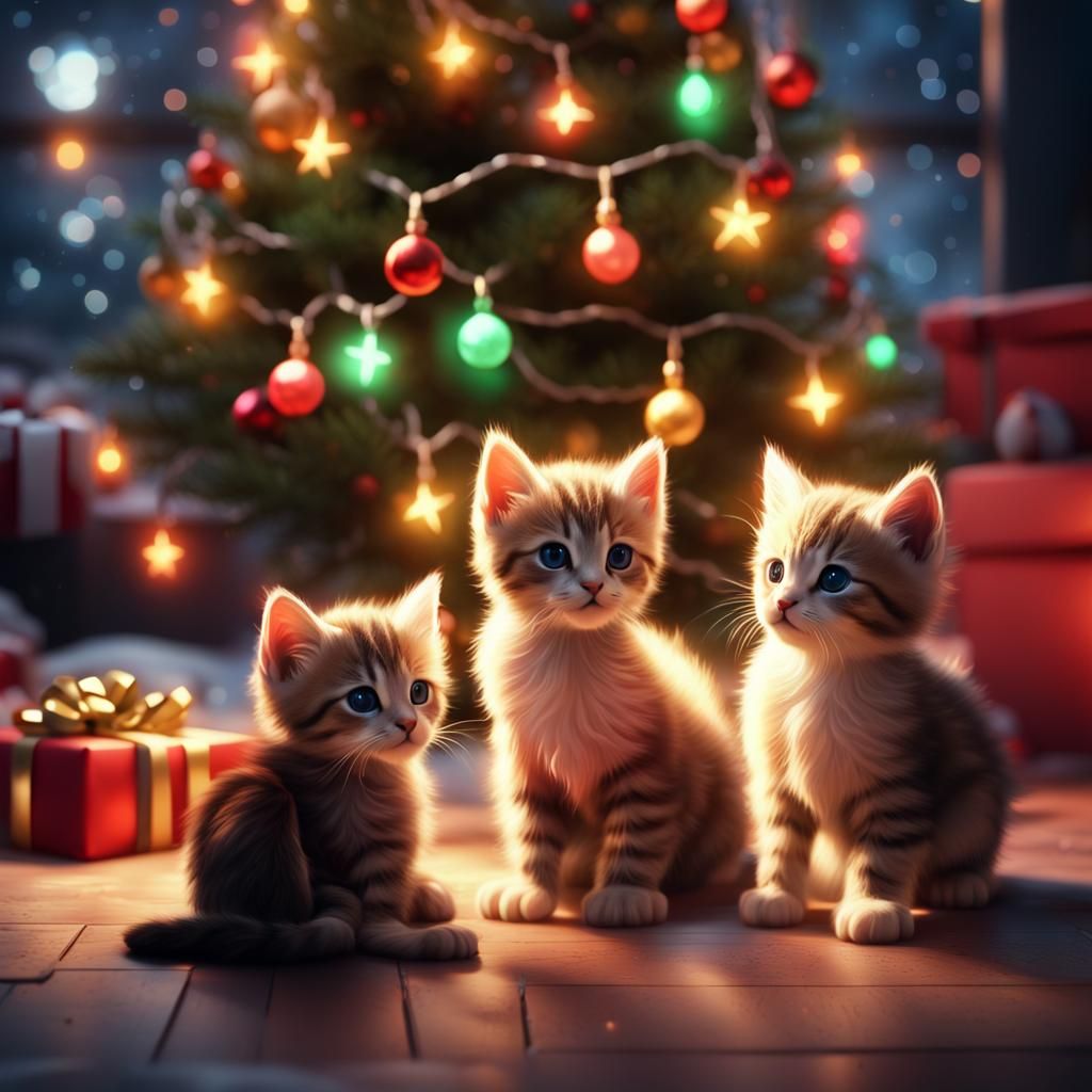 Kittens looking at Christmas lights on a christmas tree AI Generated