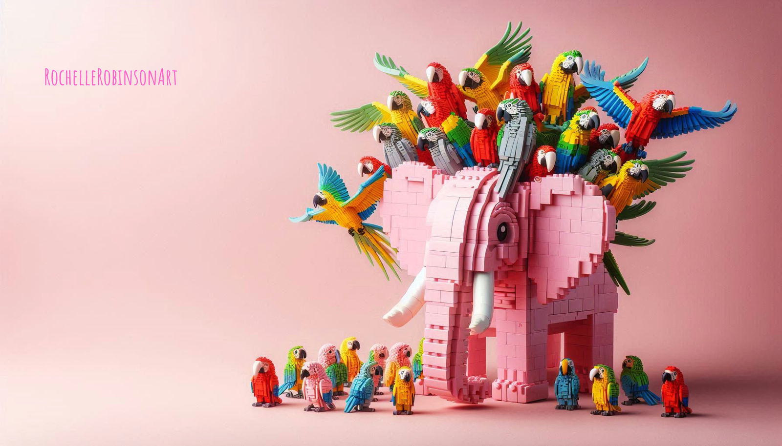 Pink Elephant and Parrots