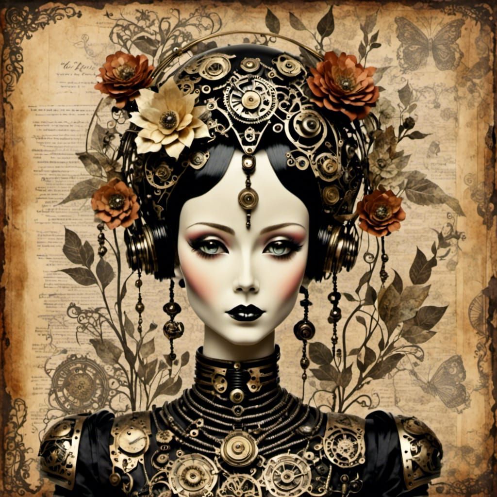 <lora:MixedMediaCollage:1.0> <lora:Crimson:1.0> Mixed media collage, Found items, vintage retro futurism, Cyberpunk Humanoid doll, digital t...