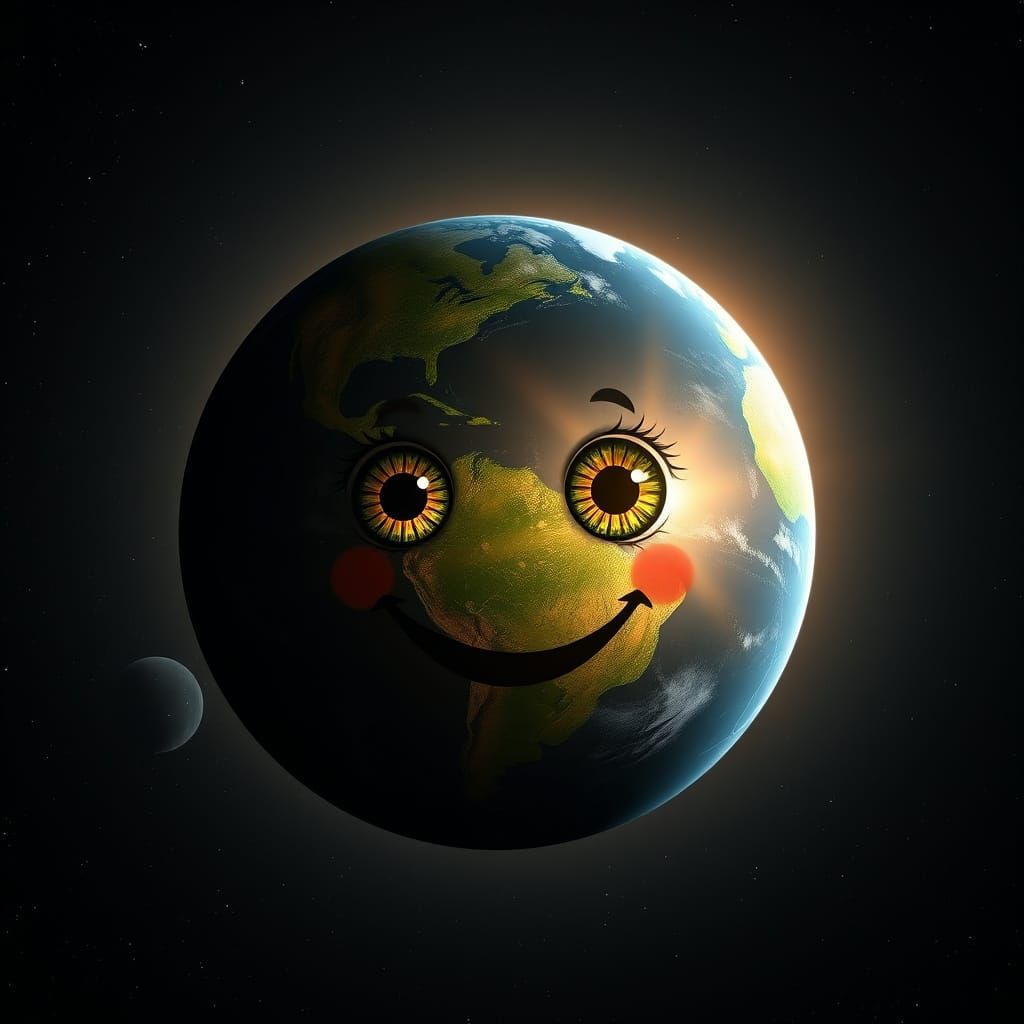 Happy Earth Portrait Floating in Space