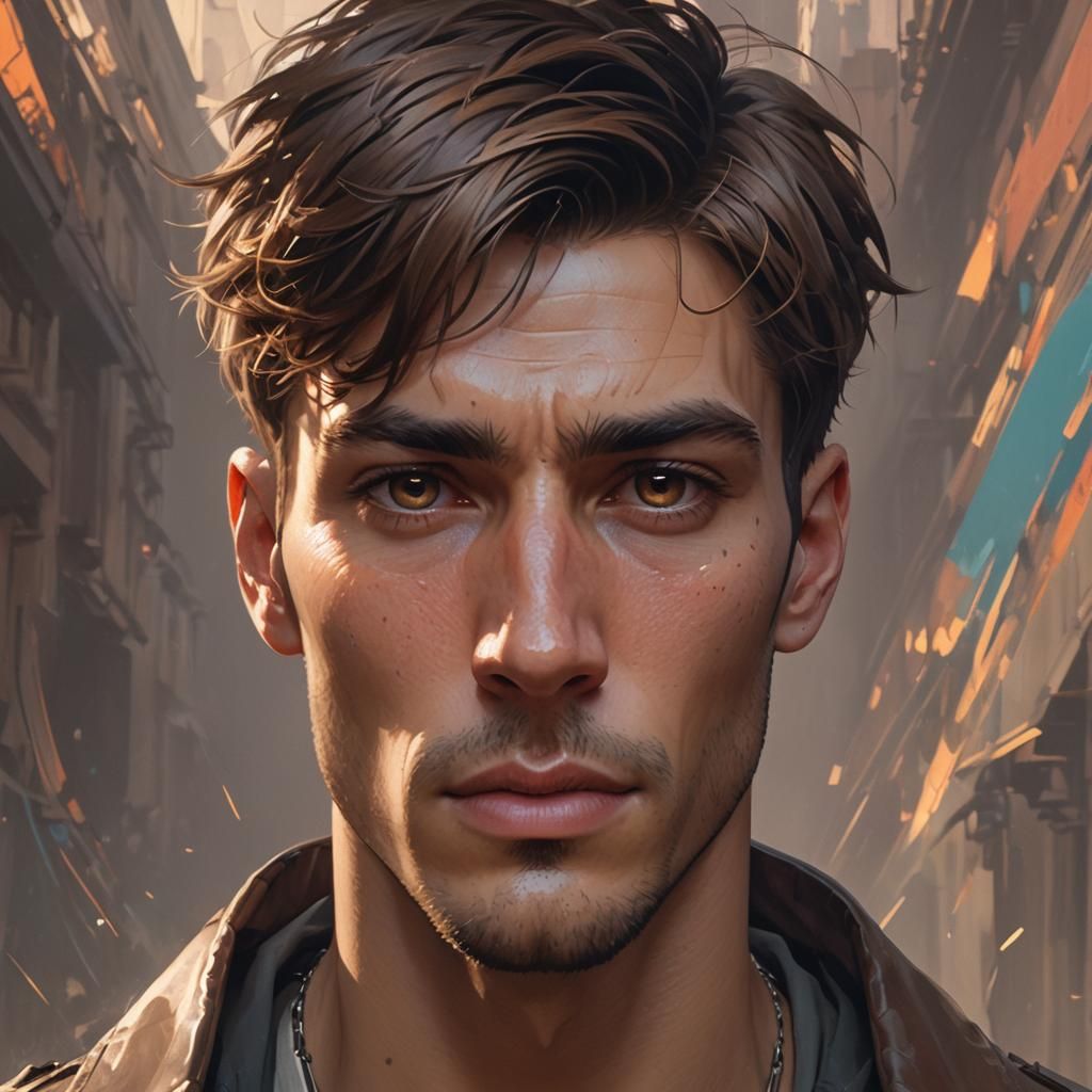 boy, sharper jawline, a ‘cold’ stare, haircut crewcut, brown...