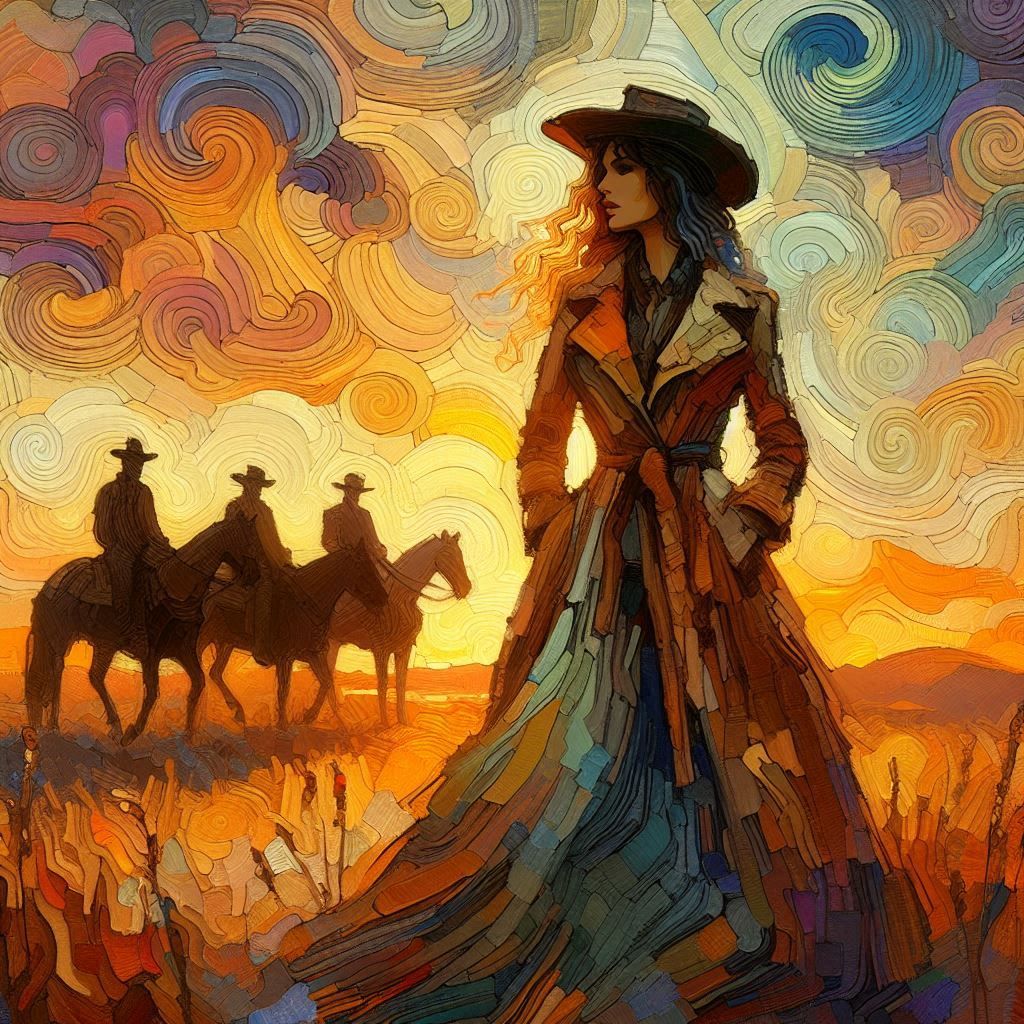 Cowgirl with sunset in Art Nouveau style