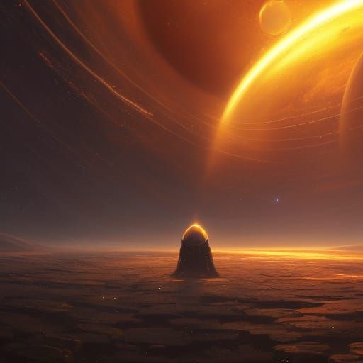 golden space mothership in front a earth like planet