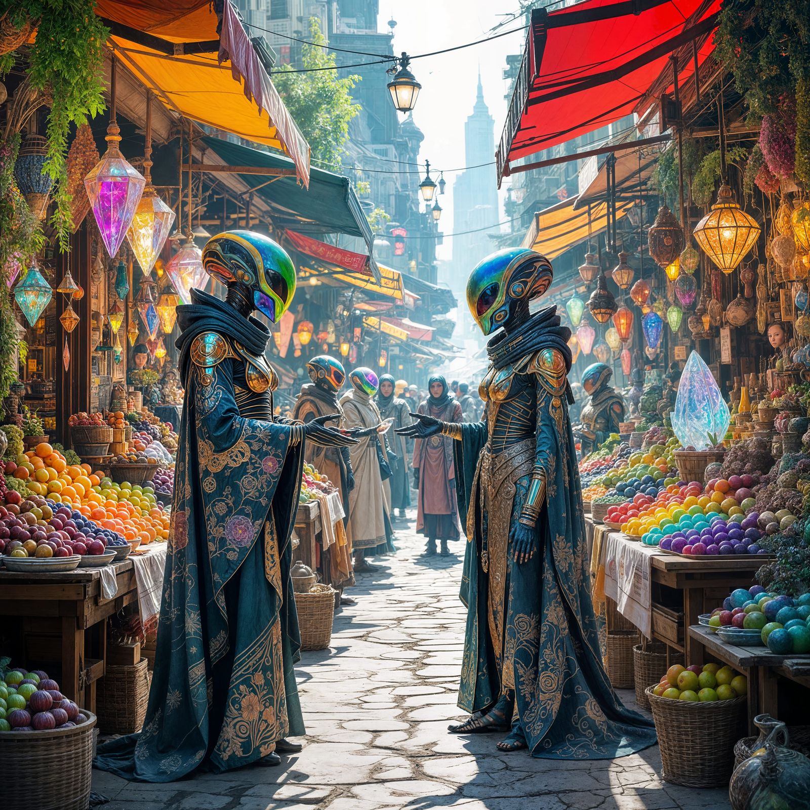 An alien market bustles with activity, featuring stalls overflowing with exotic, bioluminescent fruits ...  by @Christopher hudson 