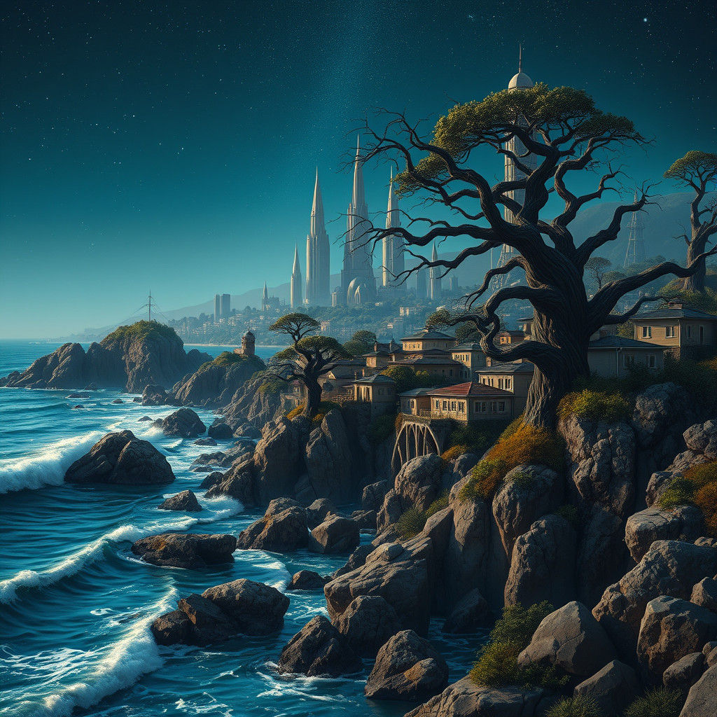 Wide range Futuristic Carmel by the Seal shimmering ocean wa...