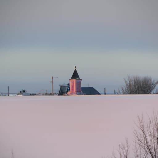 pink church in the distant snow
