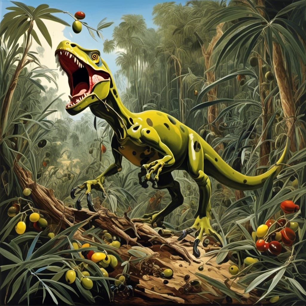 <lora:Olive Oil:1.0> Dinosaur in a prehistoric jungle