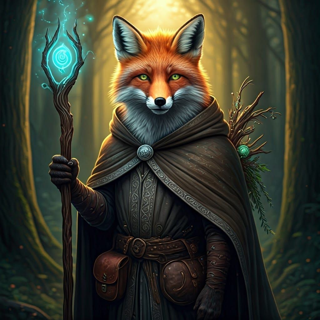 A fox wizard with a glowing staff and a bag full of forest spells.  by @Soralba