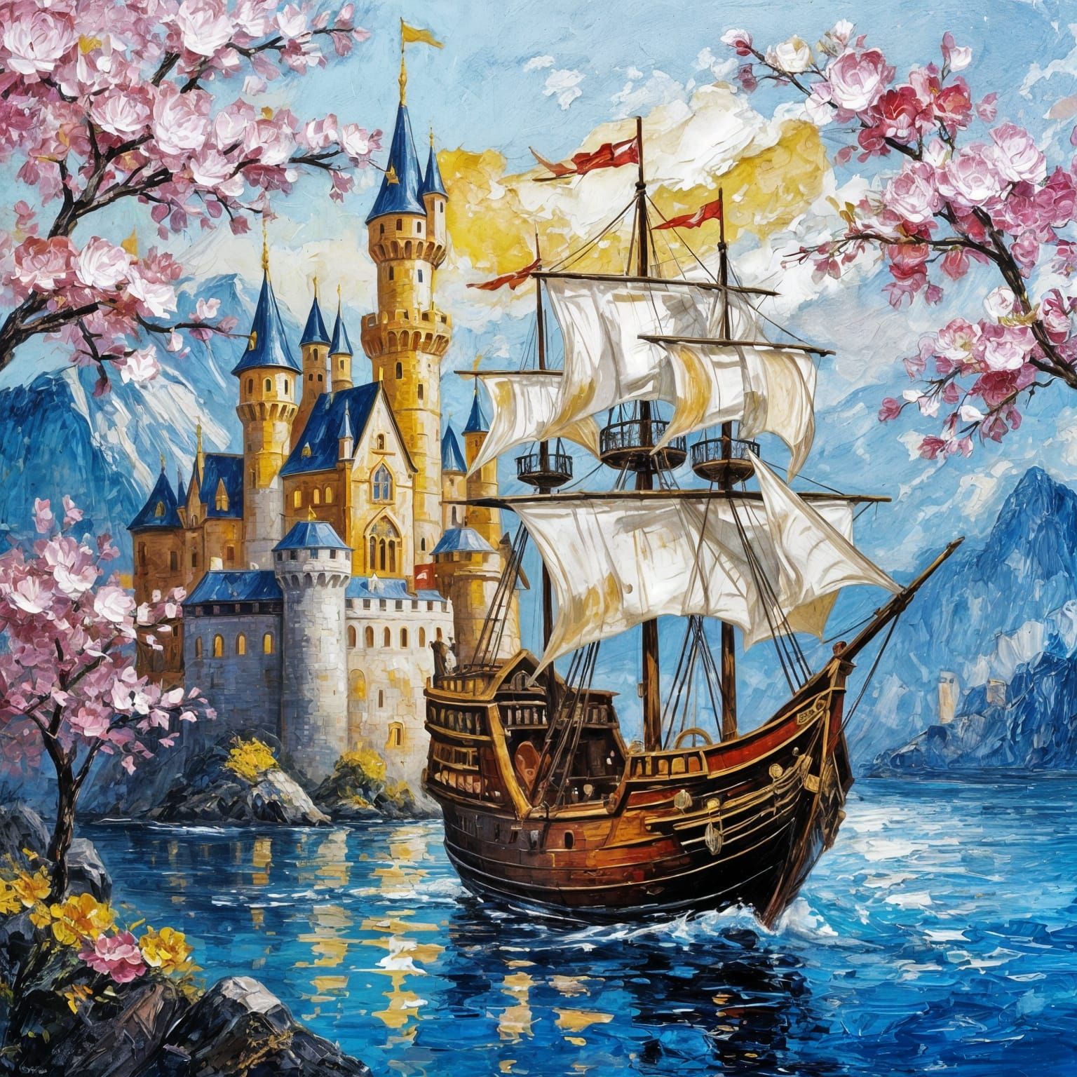 Medieval Castle and Ship in Impasto Oil Style