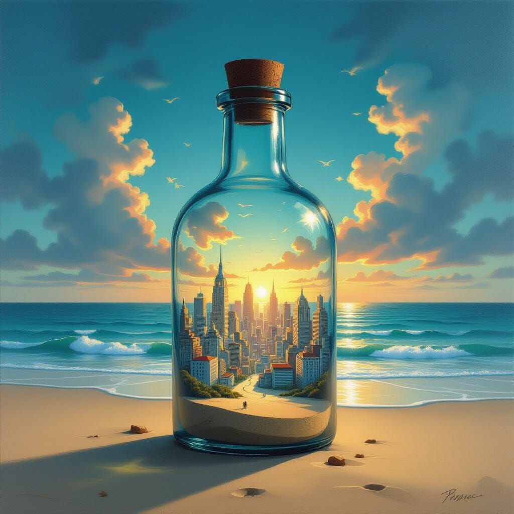 בקבוק זכוכית נמצא על חוף הים וסתוך הזכוכית רואים מלא בנינים כמו עיר שלמה בתוך הזכוכית וליד הזכוכית רואים חוף ים וים