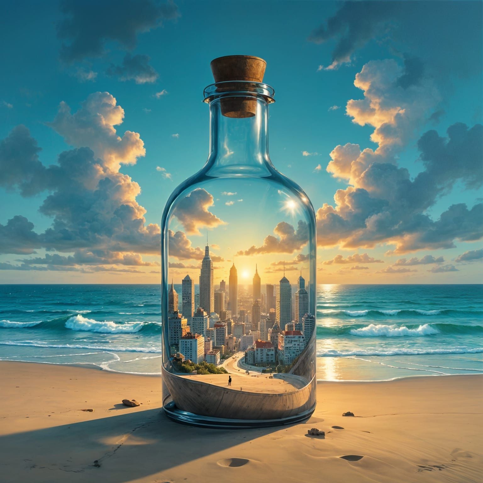 Glass Bottle With Cityscape Inside on Beach