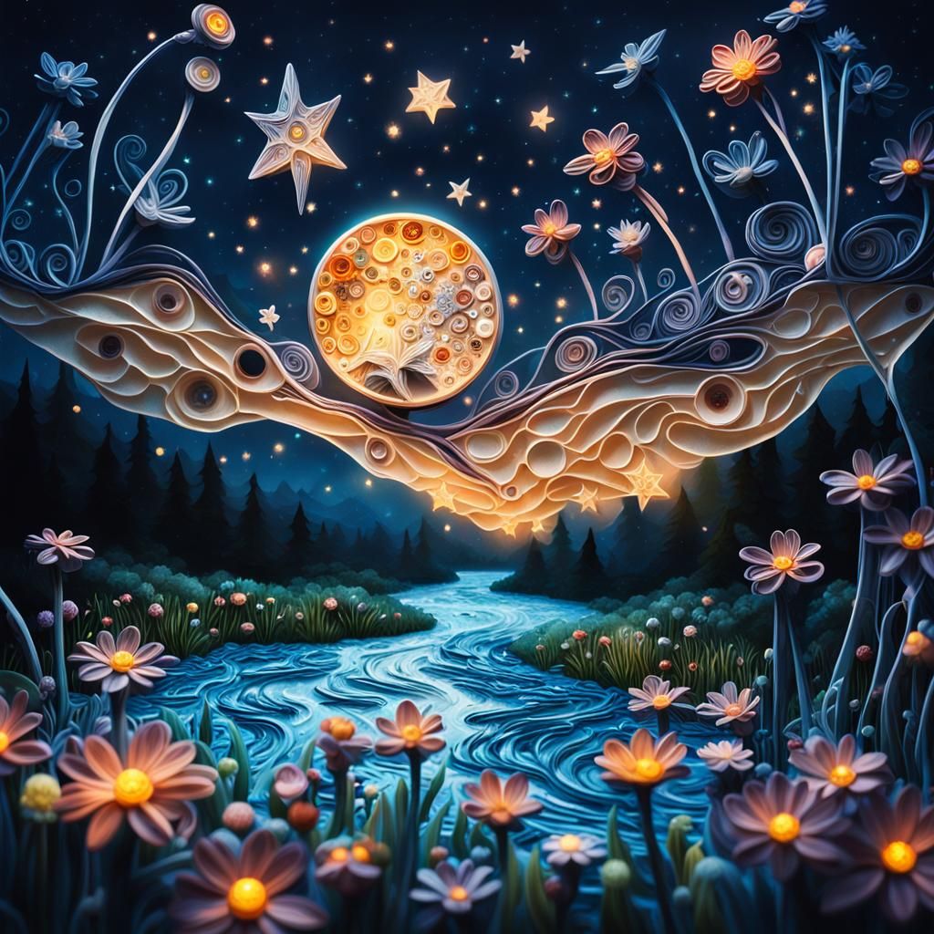 mixed art, quilling, buttons, crystals, glowing, luminescent, translucent, little lights. river and flowers. ...  by @Ylona