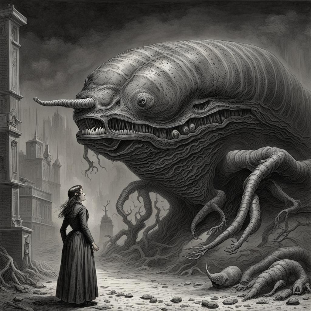 A giant biomechanical slug laying across a woman’s face.