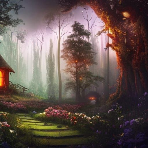 A fairytale landscape of a dark forest with a cottage full of flowers and fireflies glowing