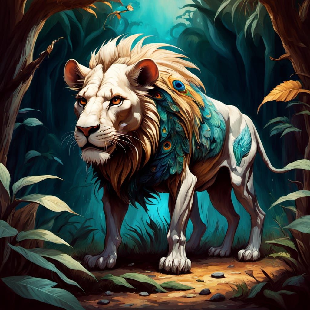 Surrealist Lion with Peacock Body in Vibrant Jungle