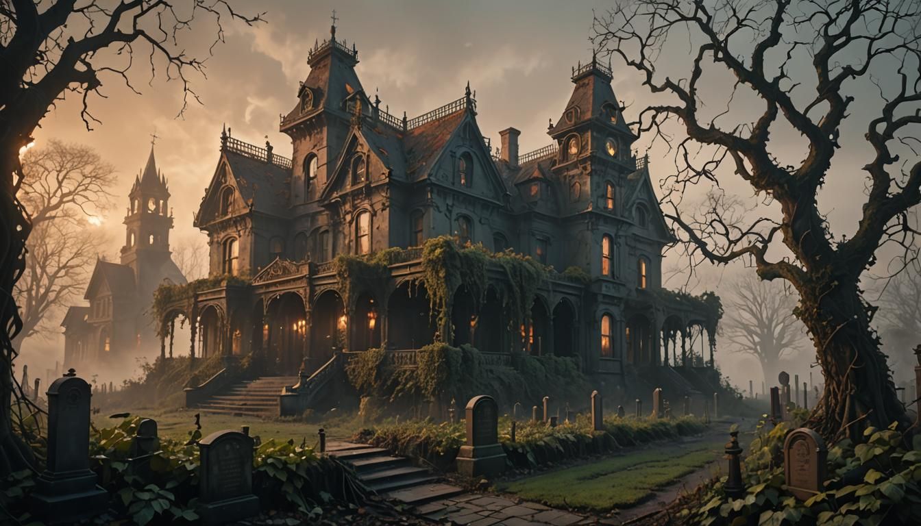 A large, abandoned house covered in creeping vines, its wind...