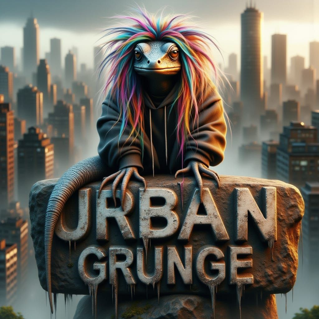 <lora:-Urban Grunge-:1.0> A banner with text "Urban Grunge" written in stone letters, a lizard with messy long wild hair with colorful strea...