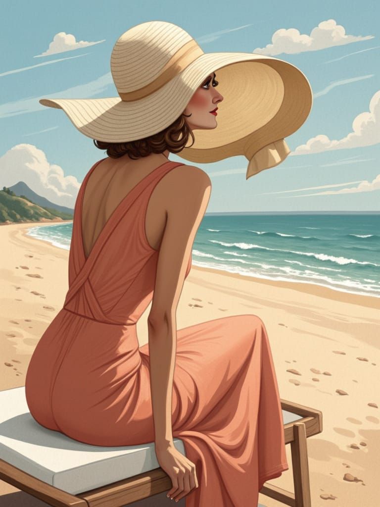 Pretty woman wearing an elegant beige hat, sitting on a sun lounger at the edge of a beach. She is holding her hat to prevent it from blowin...