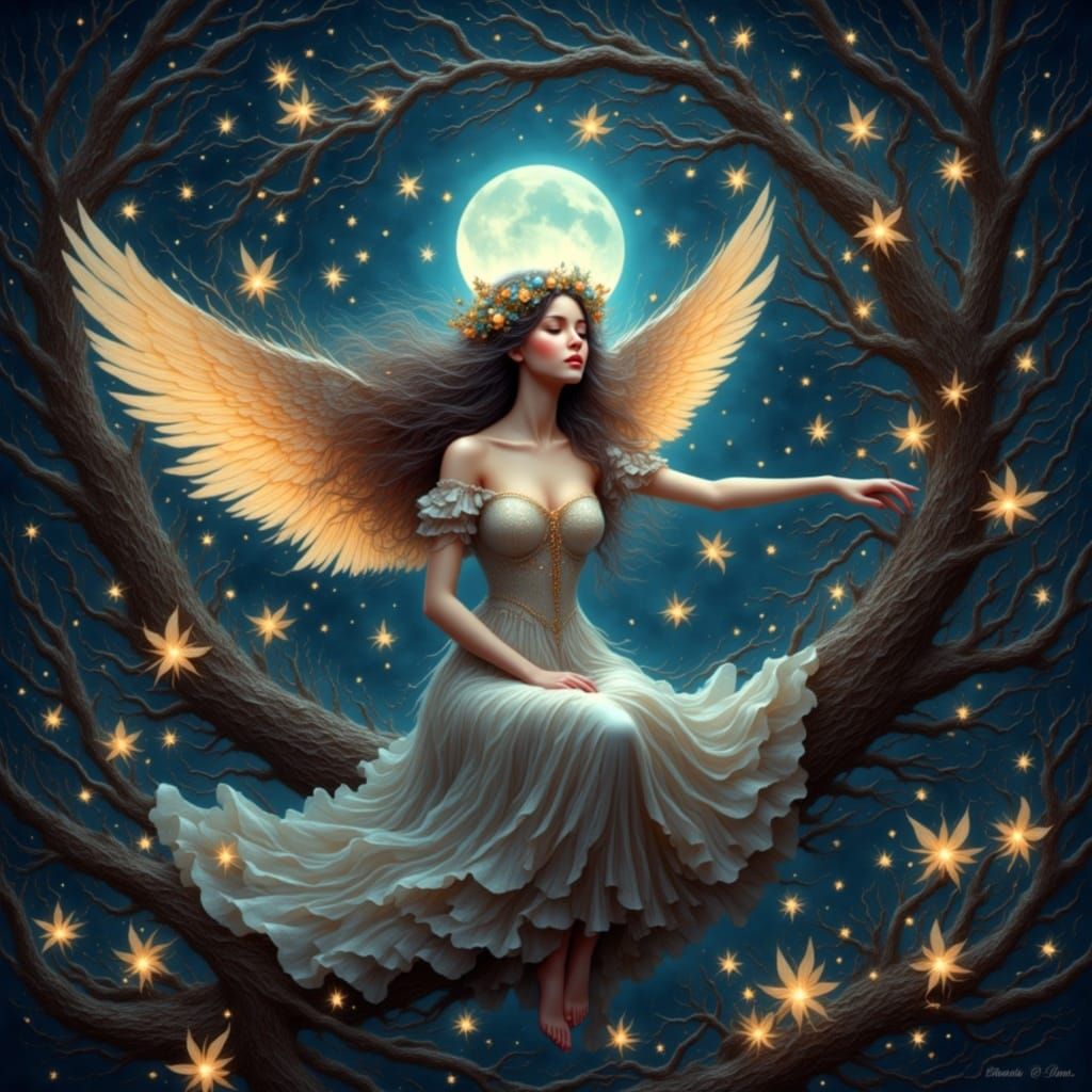 Lost and found, in the ethereal night
With passion's wings, she takes flight
With whispered dreams, they'll soar above
Found in fantasy, bou...