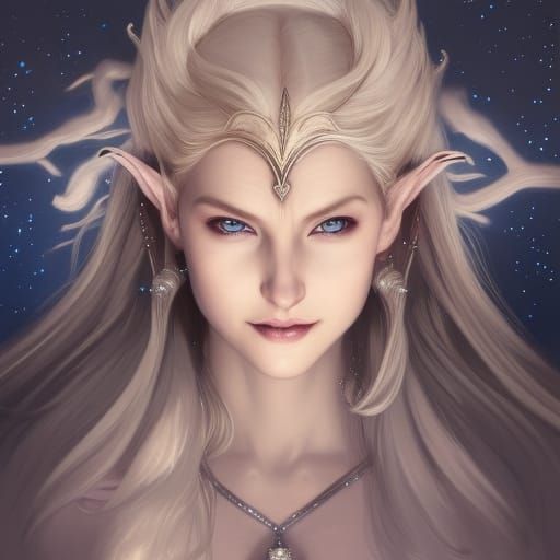 Elven Woman in Silver Under the Stars