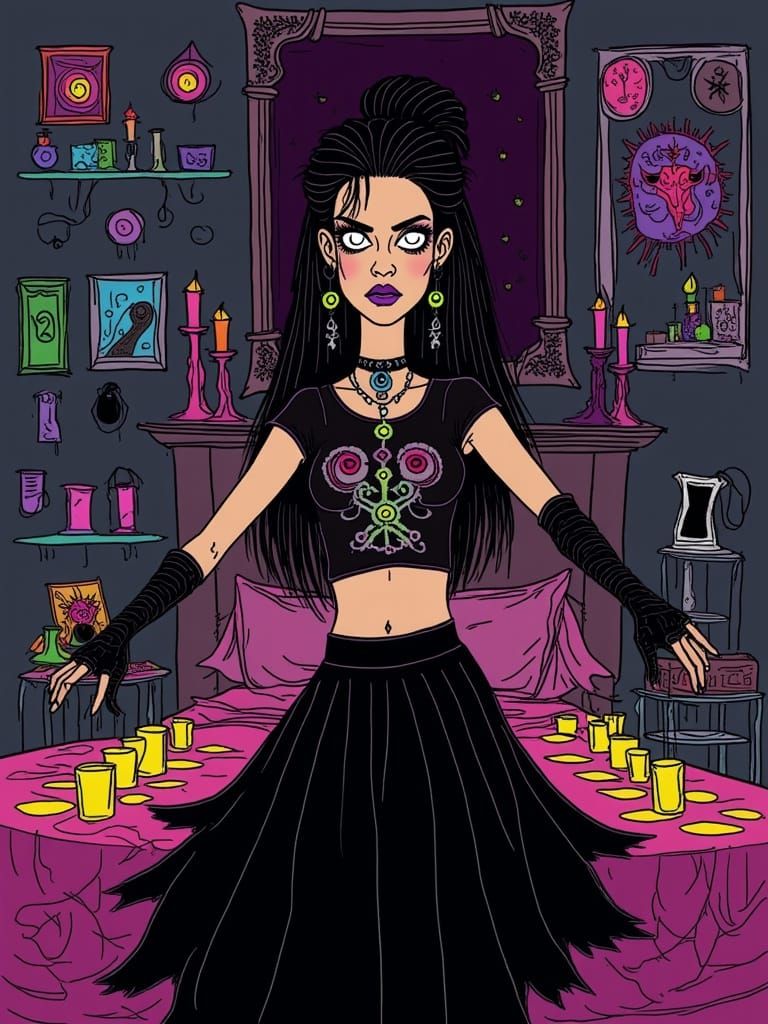 MTV cartoon of an awkward gothic girl who is secretly a true witch with magical powers <lora:PXSketchFlux:1.0>